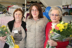 Left, Margaret King and right, Emily Gardner – the two volunteers who were there at the opening of the shop with the Air Ambulance shop manager Carrie Aldous. 